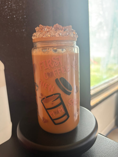 Pre made coffee cup with ice Carmel drizzle lid